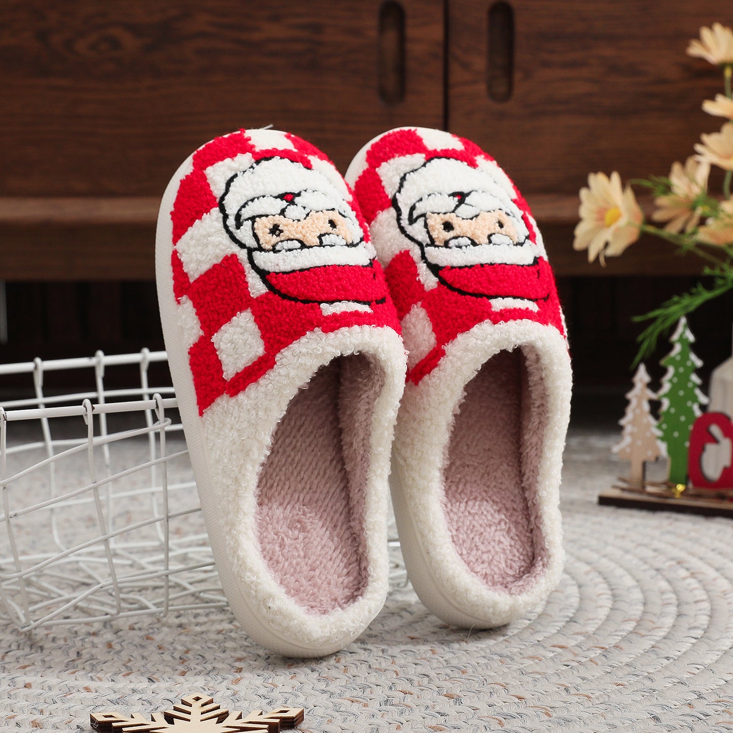 New Christmas Plaid Santa Claus Slippers Winter Indoor Non-slip Floor Bedroom Fuzzy House Shoes For Women Home Slipper